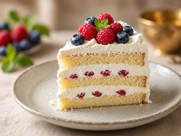 Layered cake slice with berries